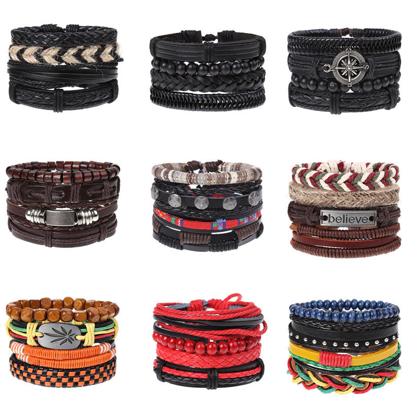 Cross-border E-commerce New Retro Woven Combination Suit Leather Bracelet European And American Popular Diy Men's Leather Bracelet