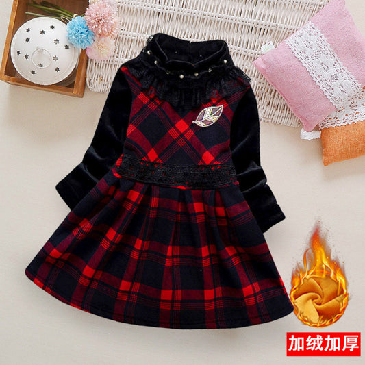 Girls Plus Velvet Padded Dress 2019 Children's Clothing Winter New Children's Korean High-neck Warm Plaid Skirt Tide