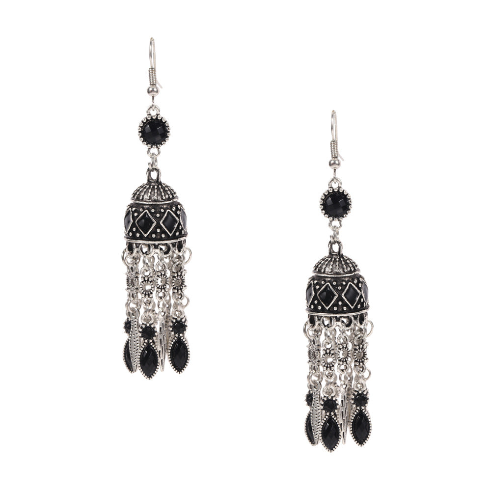 The New Indian Retro, Elegant And Temperament Inlaid Gemstone Earrings, Long Tassel Bird Cage Irregular Earrings