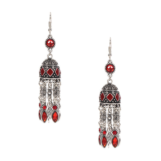 The New Indian Retro, Elegant And Temperament Inlaid Gemstone Earrings, Long Tassel Bird Cage Irregular Earrings