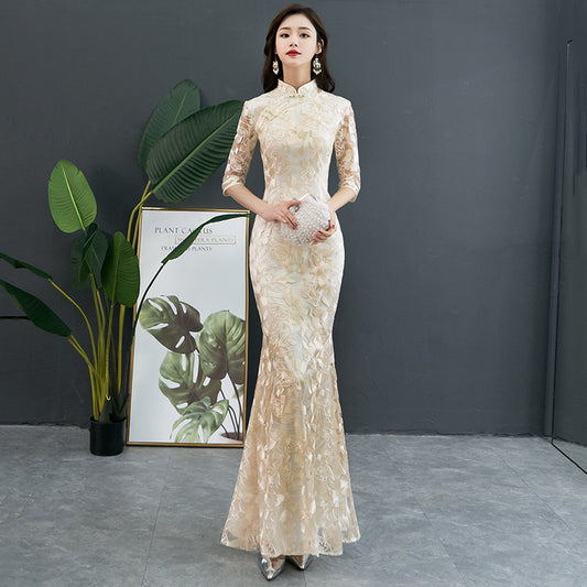 Cheongsam Evening Dress Female 2022 Spring And Summer New Banquet Elegant Temperament Fishtail Annual Meeting Long Dress Champagne Color