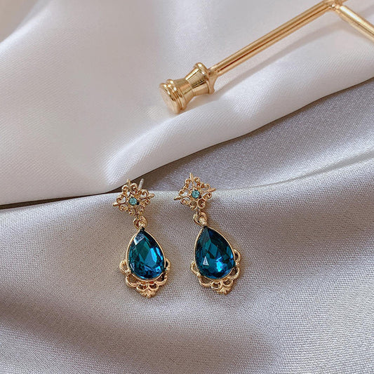 Retro  Palace Style 925 Silver Needle Earrings French Elegant Blue Water Drop Earrings High-end Earrings Female