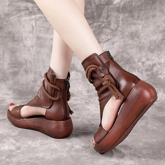 New High Top High Slope Heel Sandals Soft Leather Platform Fish Mouth Sandals