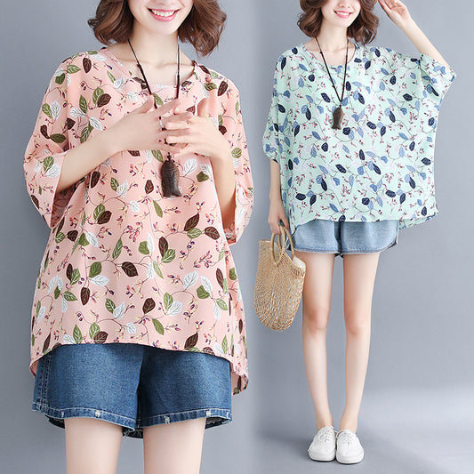 Women's loose chiffon printed bat short-sleeved T-shirt women