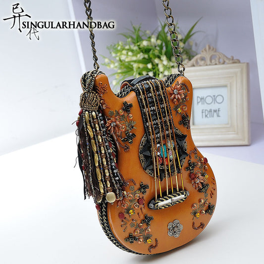 Women's Bag Guitar Styling Bag 2021 Retro Casual Handmade Beaded Chain Small Bag Shoulder Diagonal Bag