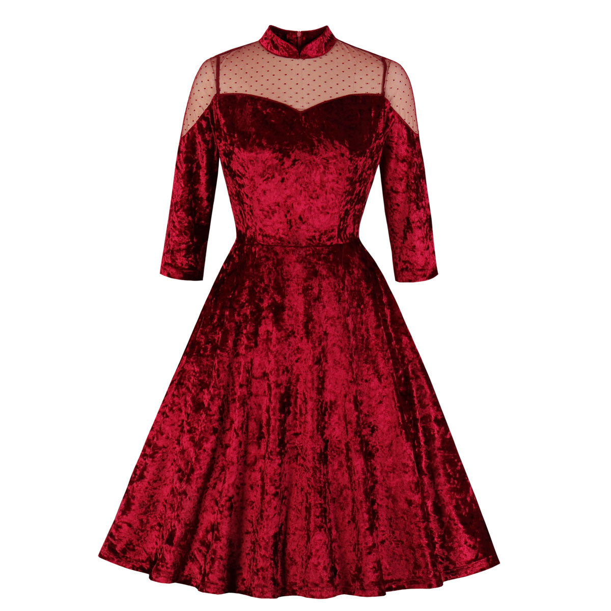 Tonval-robe en velours Vintage, montant en contraste, maille transparente, bordeaux, robe femme en velours, soirée de soirée élégante, automne hiver