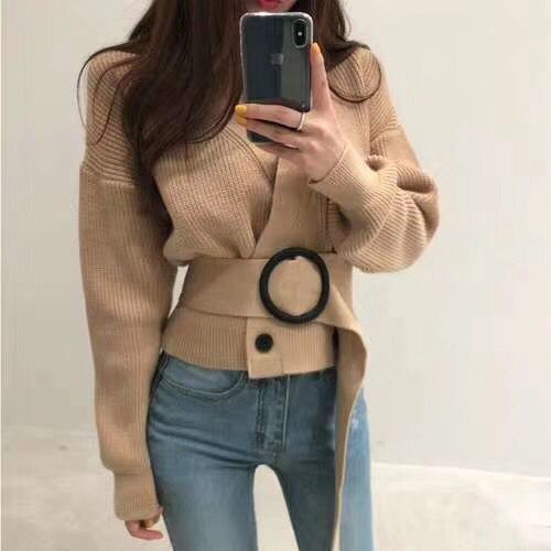 Retro Chic Double-breasted Knitted Cardigan 2020 Autumn And Winter New Fashion V-neck Belt Short Top /sweater Women