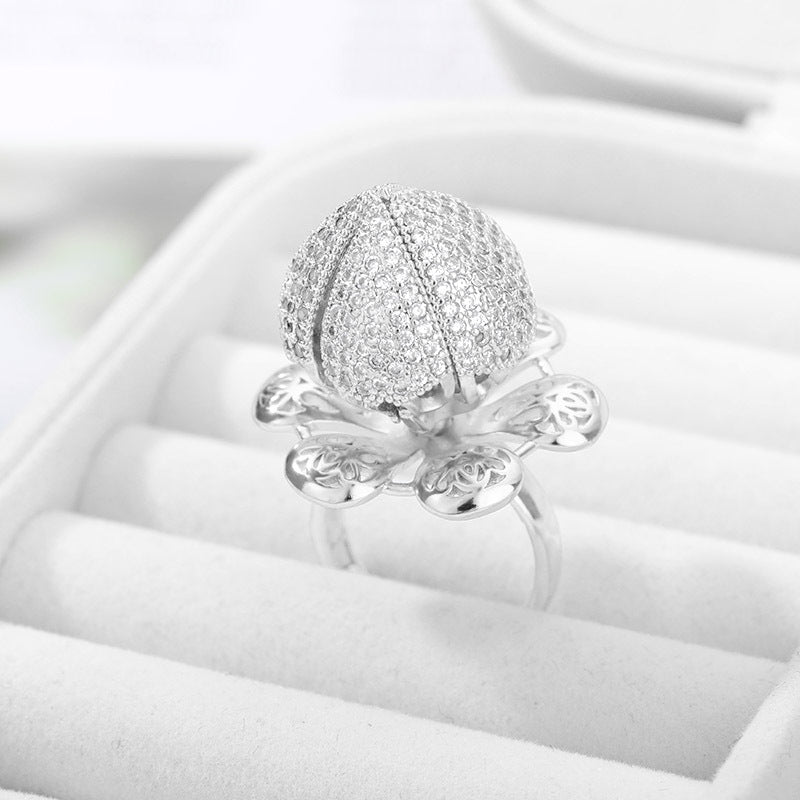 Hollow Opening And Closing Flower Zircon Rotating Ring Women's Wreath Ring Jewelry