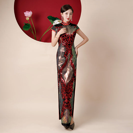 New Gold Velvet Long Stage Performance Costume Large Size Sequins Split Elegant Improved Cheongsam