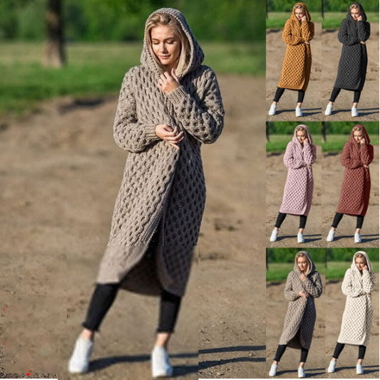 Winter Warm New Fashion Women's Long Knitted Sweater Hooded Cardigan Jacket