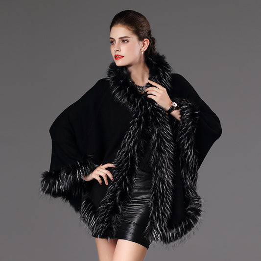 New Products Loose Imitation Raccoon Fur Collar Hooded Sweater Cardigan Shawl Cloak Coat Women