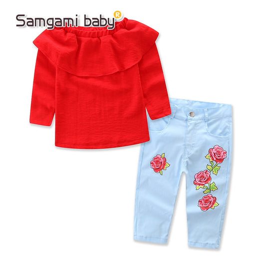 utumn ins explosion models girls red word shoulder shirt + rose pants suit