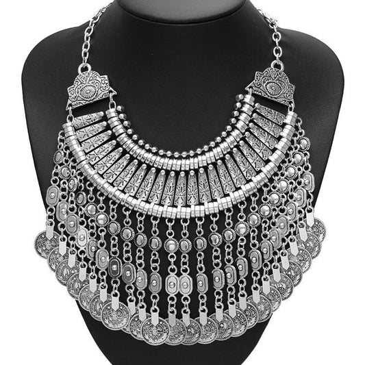 Big Retro Alloy Tassel Necklace Personality Exaggerated Electroplating Female Clavicle Chain Coin Tassel Necklace