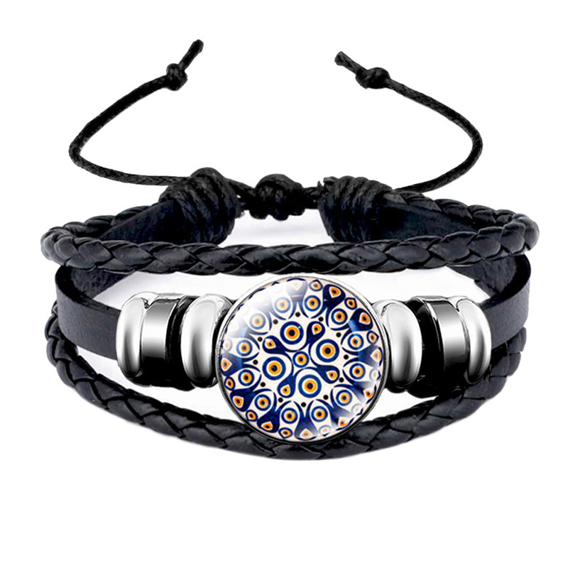 Turkish Blue Eye Glass Snap Button Leather Rope Chain Bracelet