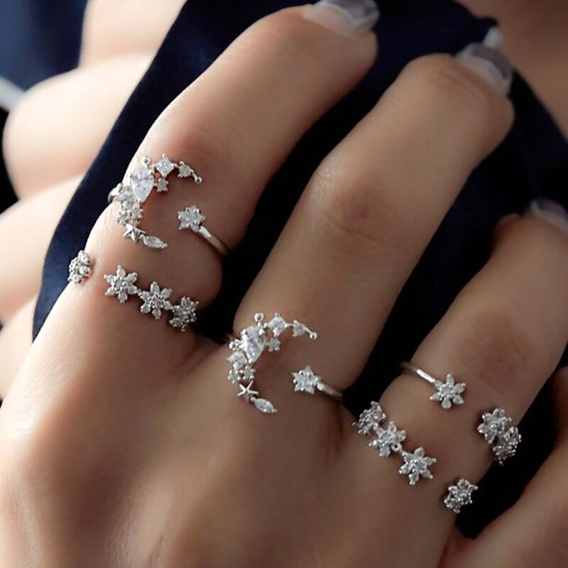 European And American Bohemia 5-piece Diamond Set Ring Women's Retro Wedding Festival Star Moon Crystal Ring