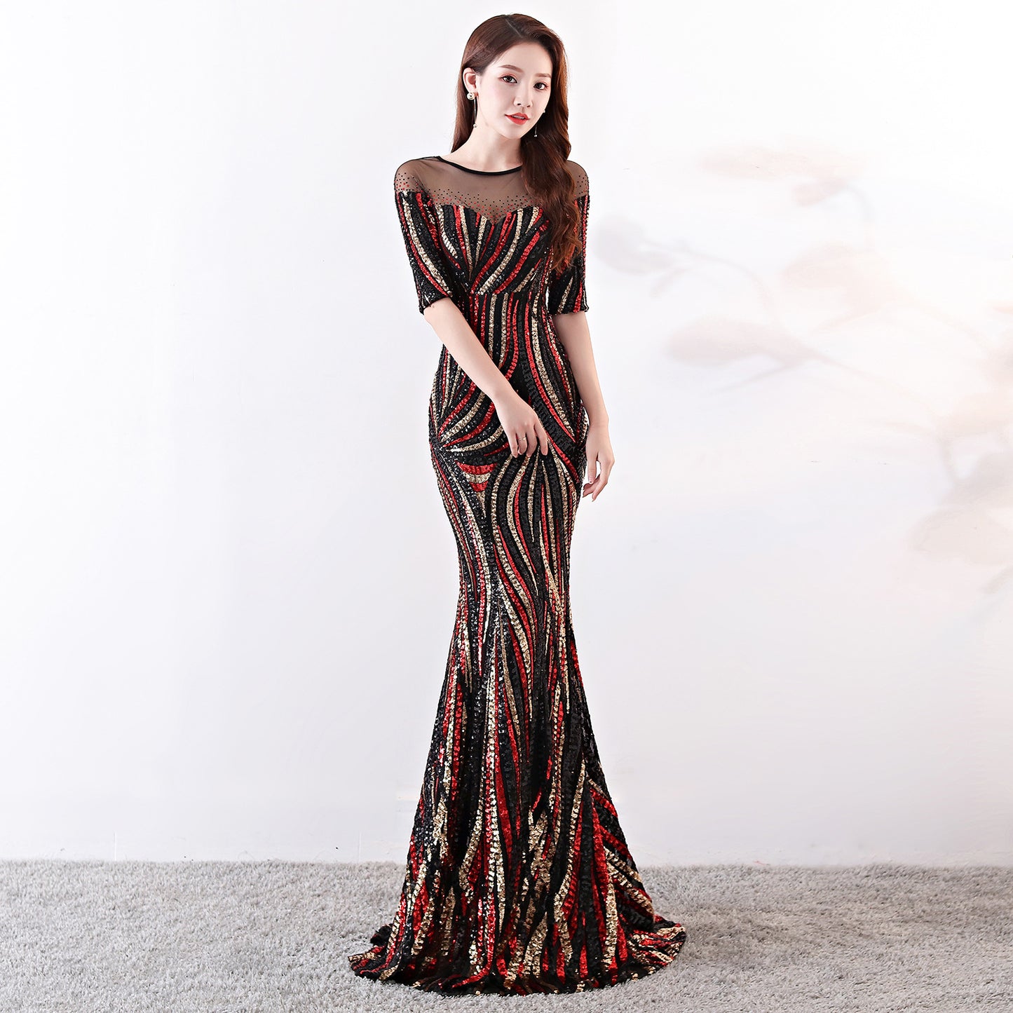 1372#High-end Big Brand Sequin Stripe Color Matching Celebrity Self-cultivation Dinner Host Annual Meeting Dress Long Female