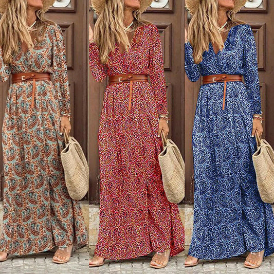 Long Sleeve V-Neck Boho Floral Dress