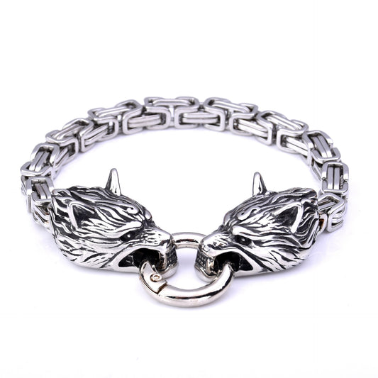 Men's Domineering Stainless Steel Viking Wolf Head Bracelet Bracelet Byzantine King Chain Bracelet For Foreign Trade E-commerce