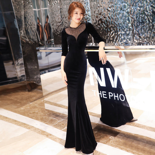 Black Evening Dress Skirt Female 2021 New Banquet Temperament Velvet Long Fishtail Slim Ladies Host