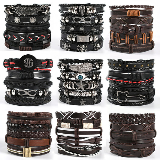 Cross-border European And American Men's Braided Leather Bracelet Multi-layer Set Skull Bracelet Genuine Leather Bracelet