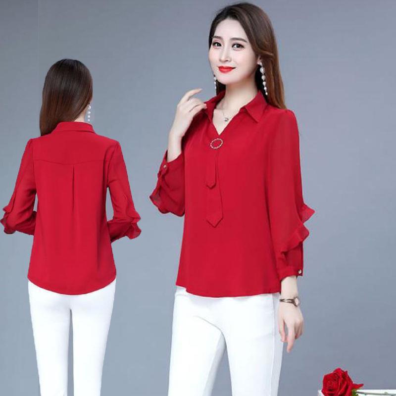 2021 Spring And Autumn Middle-aged And Elderly Mothers Women's Long-sleeved Shirts Western-style Casual Chiffon V-neck Shirts