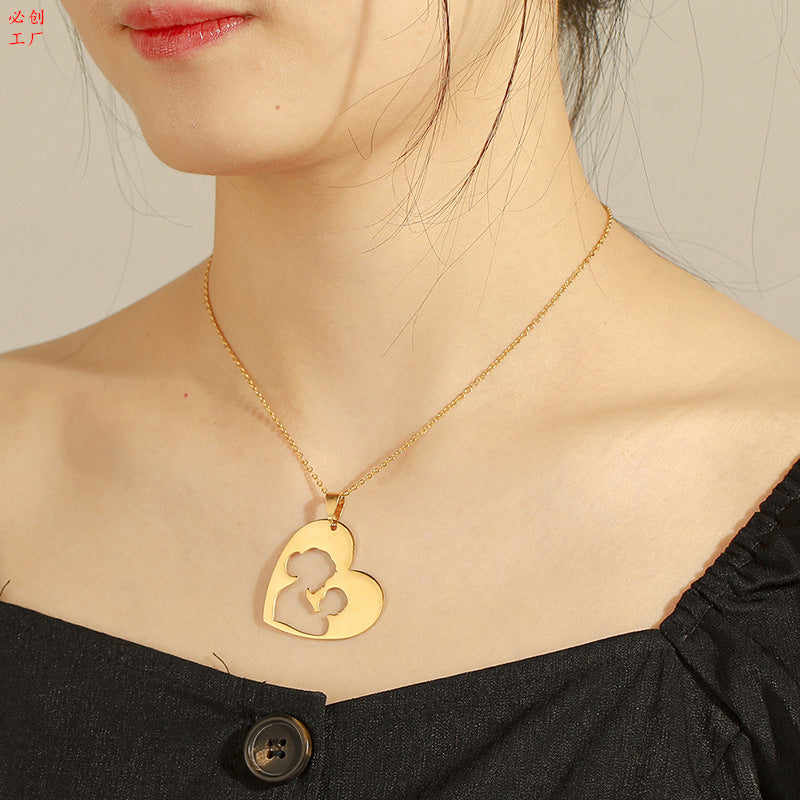 Wish Popular Fashion Peach Heart Love Hollow Parent-child Mother Baby Anniversary Cartoon Necklace