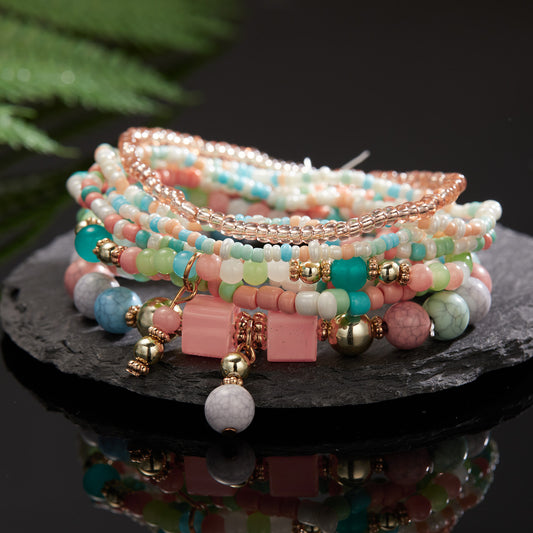 Cross-border Hot Selling Bohemian Ethnic Style Multi-layer Rice Bead Bracelet Creative Turquoise Elastic Beaded Bracelet Set