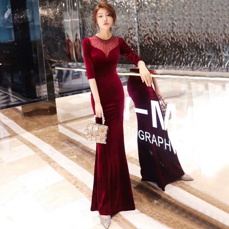 Black Evening Dress Skirt Female 2021 New Banquet Temperament Velvet Long Fishtail Slim Ladies Host