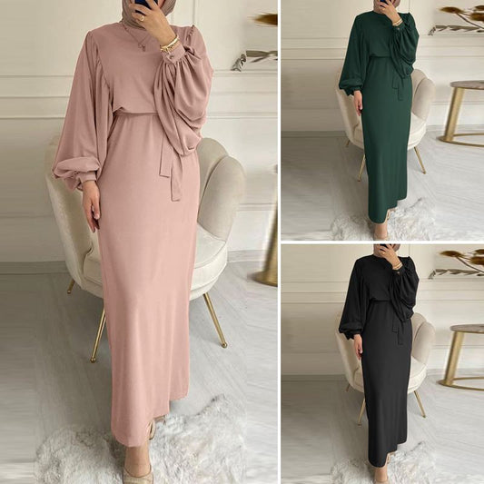 Solid Color Long Sleeve Casual Dress Abaya Robe Dress