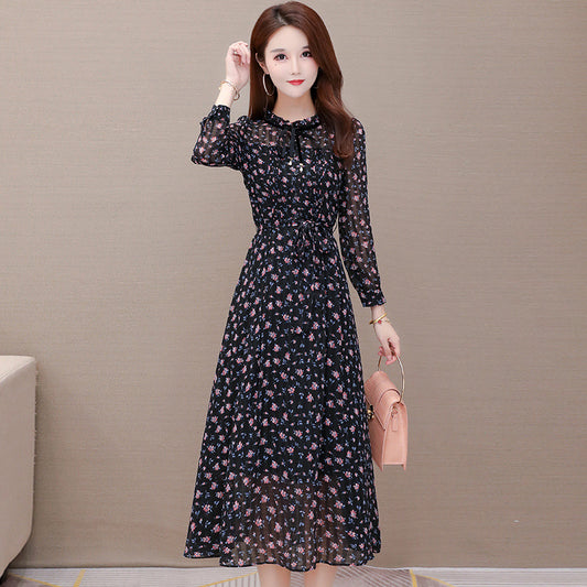 Chiffon Printed Dress Female Autumn New Style 2021 Korean Lace-up Women's Fashion Elegant Mid-length Base Skirt