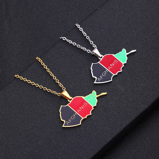 European And American Jewelry Fashionable Ethnic Style Afghanistan Map Pendant Necklace Dripping Oil Geometric Men And Women Stainless Steel Pendant