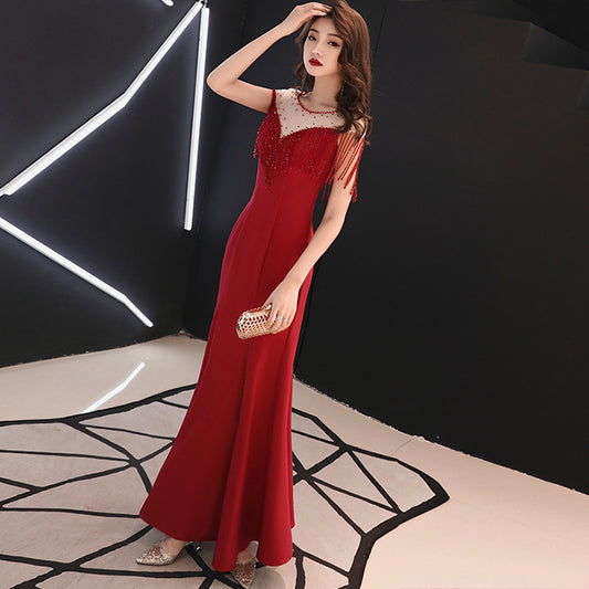 New Bride Wedding Wine Red Tassel Fishtail Skirt Banquet Evening Dress Female