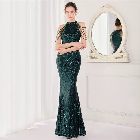 New Evening , Bead Sequins Banquet , Long Halter Neck Drilled Fishtail Evening Dress