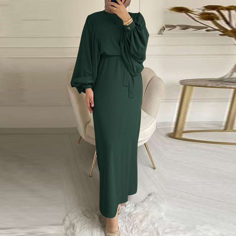 Solid Color Long Sleeve Casual Dress Abaya Robe Dress