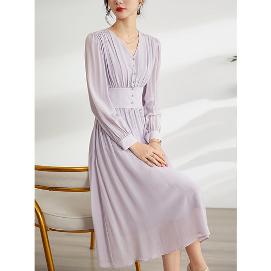 European Pinhui Silk Dress Feminine Long Sleeve Mulberry Silk A-Line Skirt French V-Neck High Waist Thin Large Swing Long Skirt