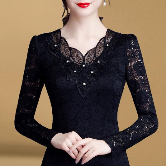 New 2021 Spring Long-sleeved Lace T-shirt Women's Wear All-match Top Plus Velvet Warm Bottoming Shirt