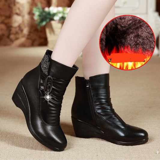 Comfortable  Shoes Autumn And Winter Leather Slope With Ankle Boots Middle-aged And Elderly Ladies Cotton Leather Shoes Cotton Boots Women's Shoes Mid-heel Cotton Shoes Boots