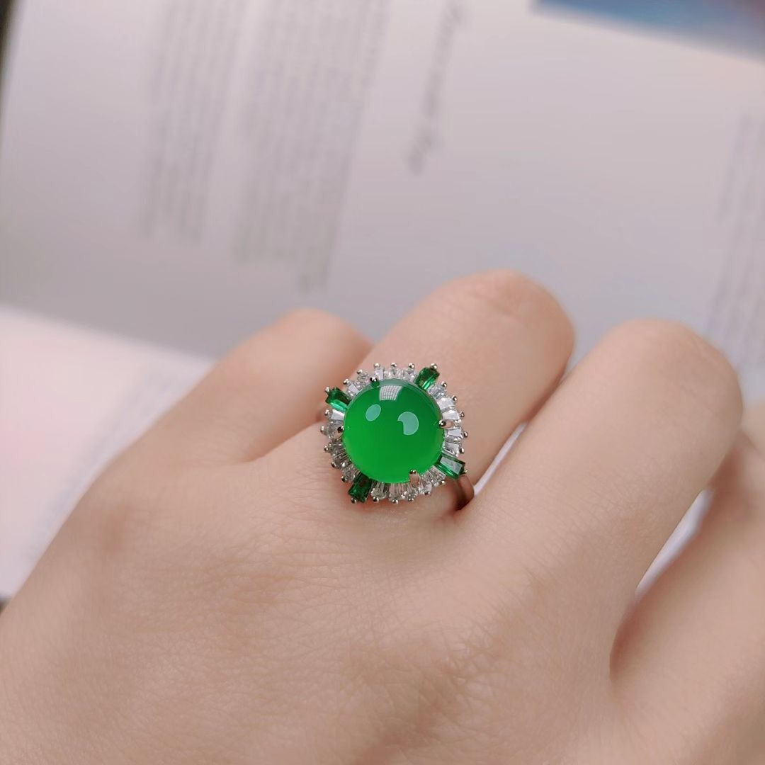 Wholesale 925 Silver Inlaid Ice Green Chalcedony Luxury Female Ring Pink Agate With Green Zircon New Jade Ring