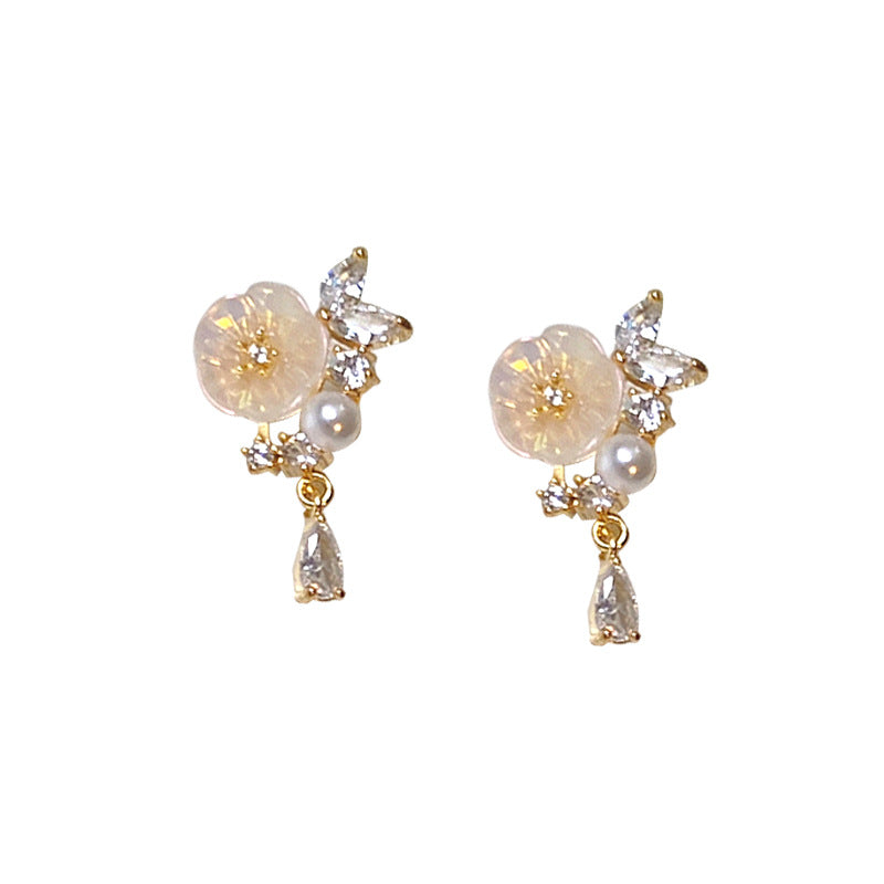 Under The Moon Magnolia Flower French Light Luxury Zircon Pearl Flower Earrings Super Fairy Temperament Simple And Versatile Earrings Earrings