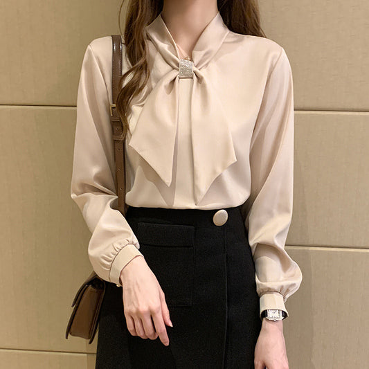 Satin Shirt Women's Design Sense Niche Hot Drill Bow Long-sleeved Shirt Temperament Professional Wear Chiffon Bottoming Top