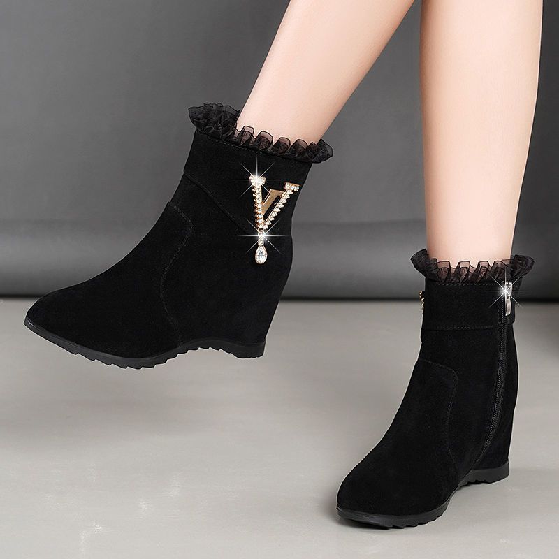 2021 Autumn And Winter Korean Version Of The New Frosted And Velvet Inner High Women's Boots Wild Mid-heel Rhinestone Short Tube Martin Boots