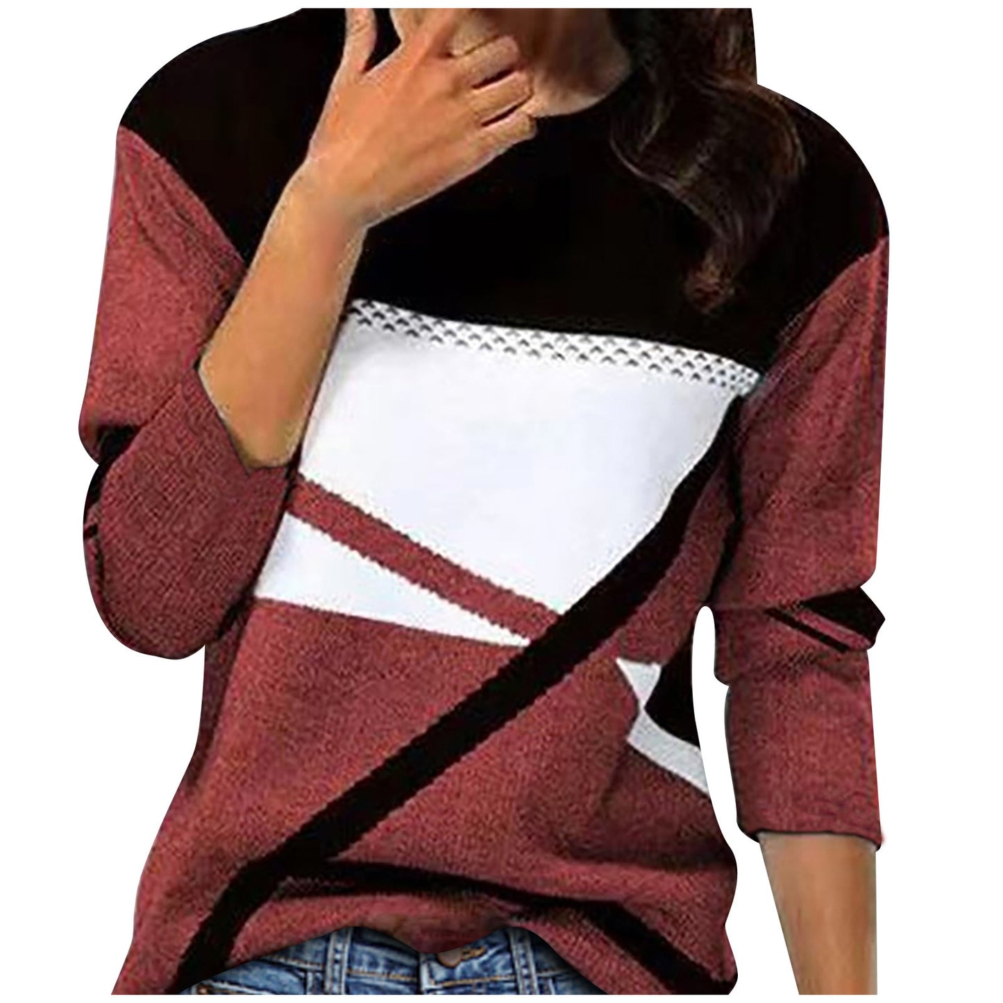 2021 Fashion Geometric Print Color Matching Cashmere Brushed Round Neck Long-sleeved Sweater Women