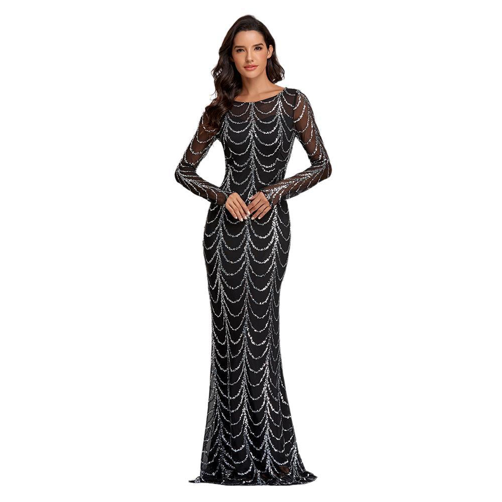 2022 Spring And Summer New Slim-fit Banquet Fishtail Skirt Elegant Party Sequins Long-sleeved Round Neck European And American Evening Dress Large Size