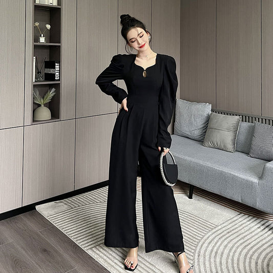 Real Shot 2022 Spring Ladies Temperament Leg Of Lamb Sleeve Trousers V-neck High-waisted Wide-leg Pants Women's Casual Straight Jumpsuit