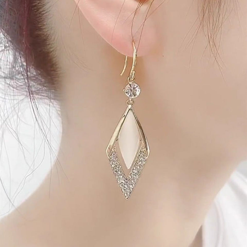 New Temperament Diamond Opal Ear Hook Korean Version Long 925 Silver Needle Rhinestone Earrings Net Red Geometric Earrings Women