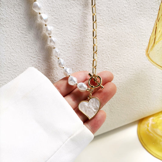 Korean Pearl Necklace Female Fashion Design Sense Stitching Love Necklace Fashion Baroque Collarbone Chain Female 1319