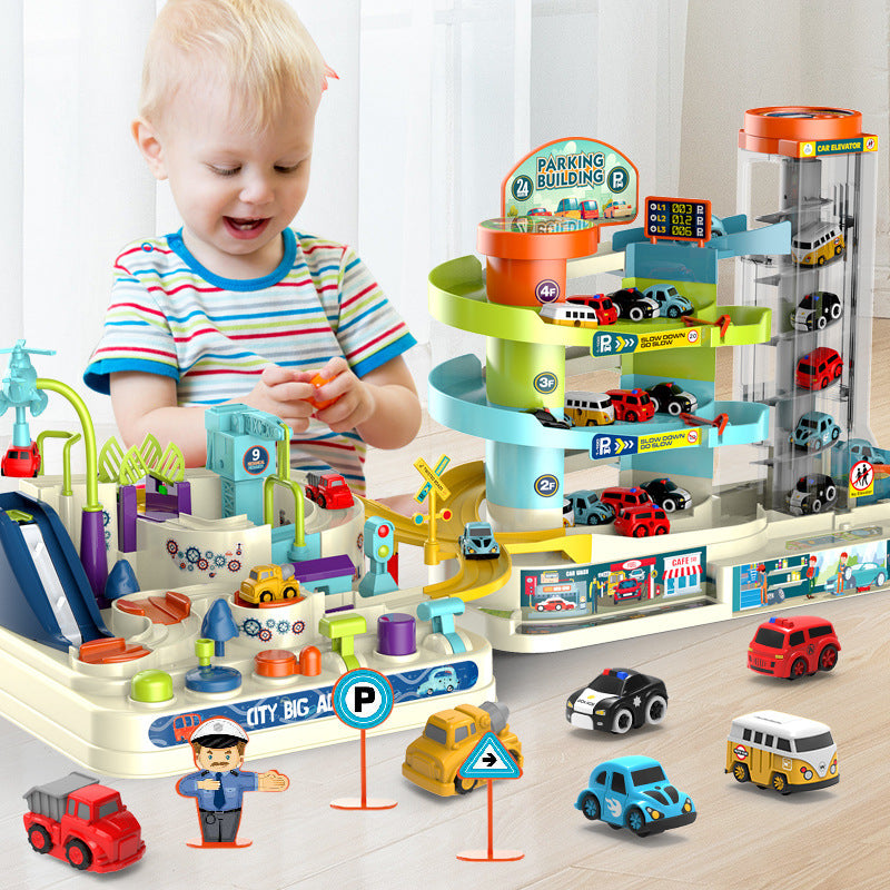 City Parking Lot Building Car Building Break Through The Big Adventure Rail Car Manual Electric Children's Parking Lot Toys