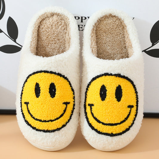 Smiley Korean Version Of Autumn And Winter Plush Couple Cotton Slippers Female Bag With Home Cute Thick-soled Cartoon Non-slip Indoor