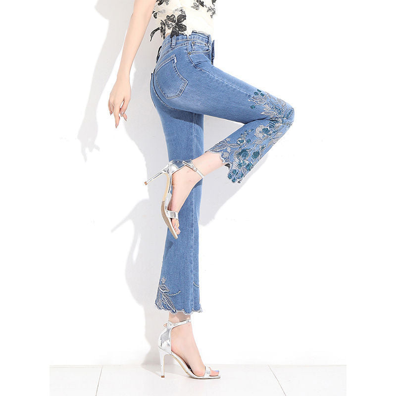 Summer Chinese Style Nine Points High Waist Embroidered Flower Micro Flared Jeans Ladies 2022 Tall And Thin Trendy Pants