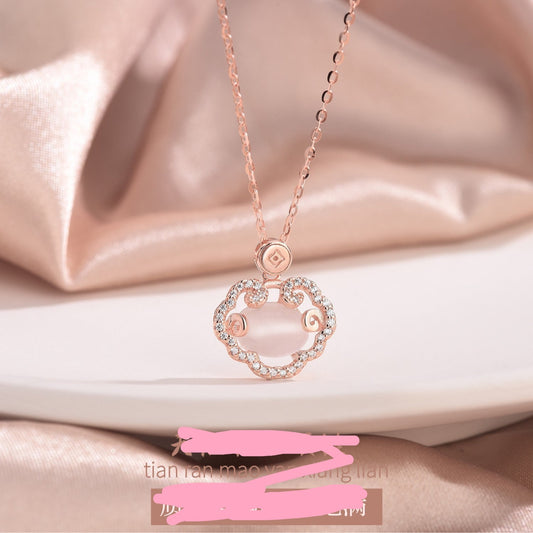 New S925 Sterling Silver Natural Cat's Eye Necklace Female Safe Lock Chalcedony Pendant Niche Design Retro Clavicle Chain